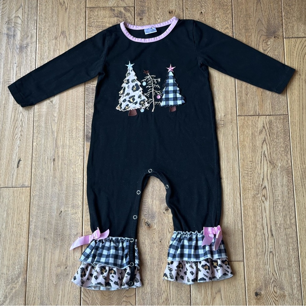 Boutique Black Christmas Tree Ruffle Romper size 18-24 Months